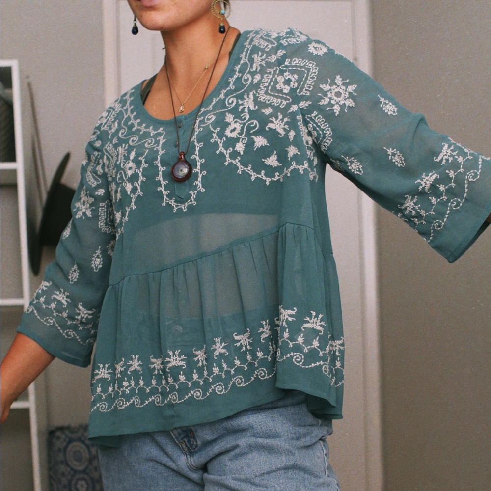 Free People Sheer Embroidered Blouse